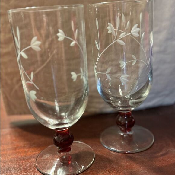 Vintage Other - Elegant Glass Goblets with Red Stems